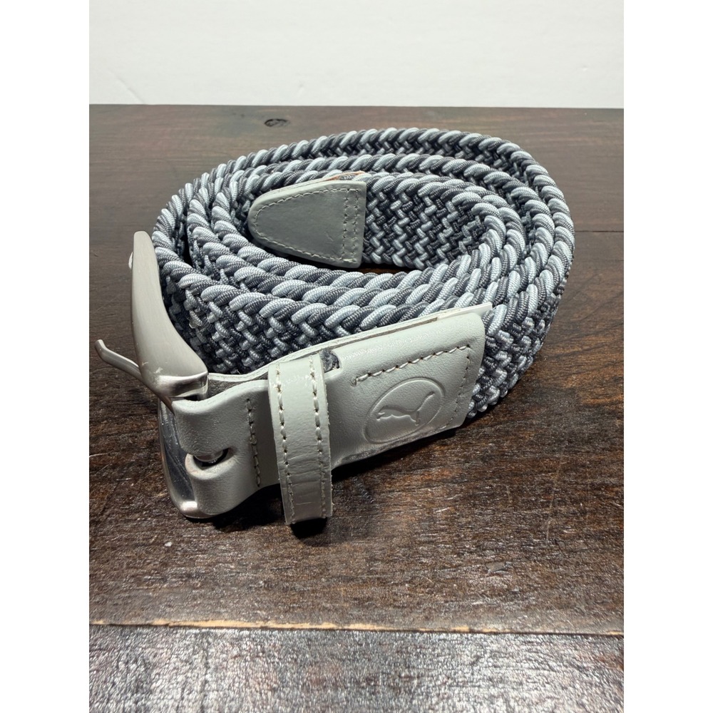 Puma‎ Mens Golf Belt Braided Stretch Grey White Zigzag L/XL Silver Buckle